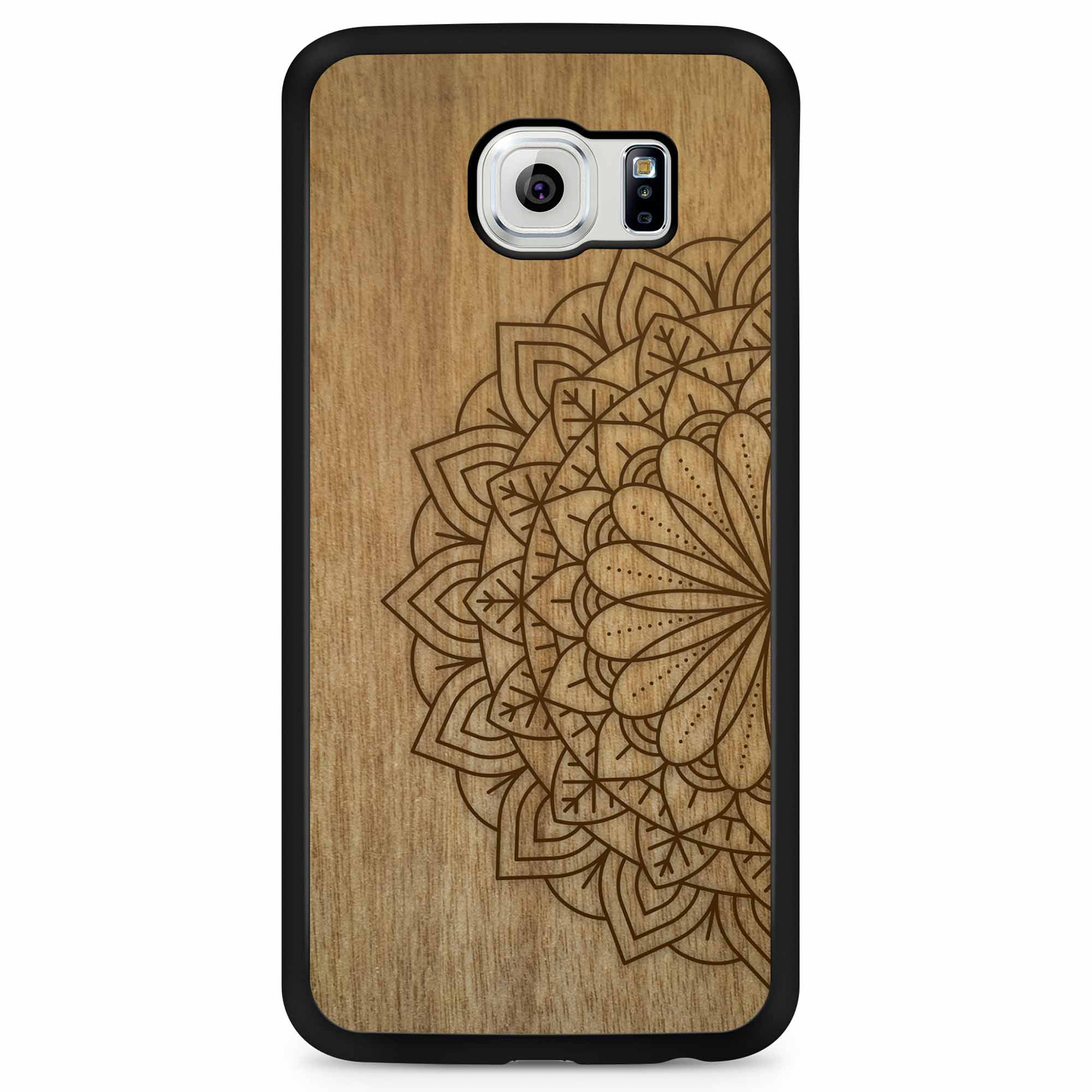 Engraved Mandala wooden phone case on Tanganika wood, showcasing intricate design and natural wood grain.