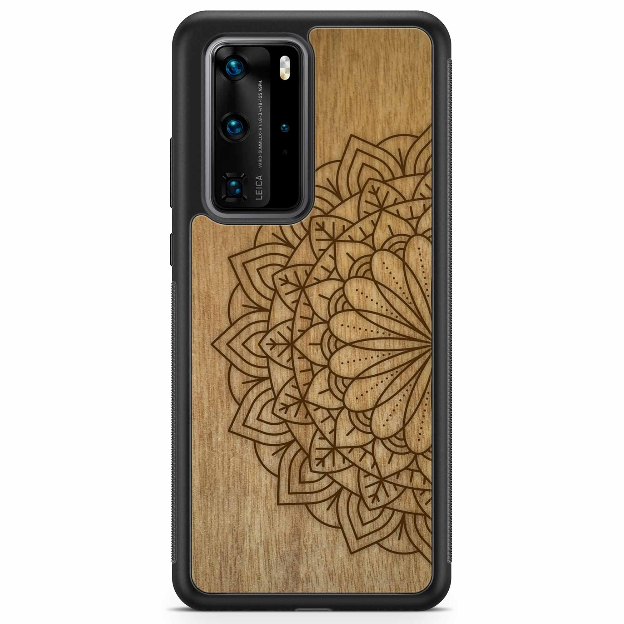 Engraved Mandala wooden phone case on Tanganika wood, showcasing intricate design and natural wood grain.