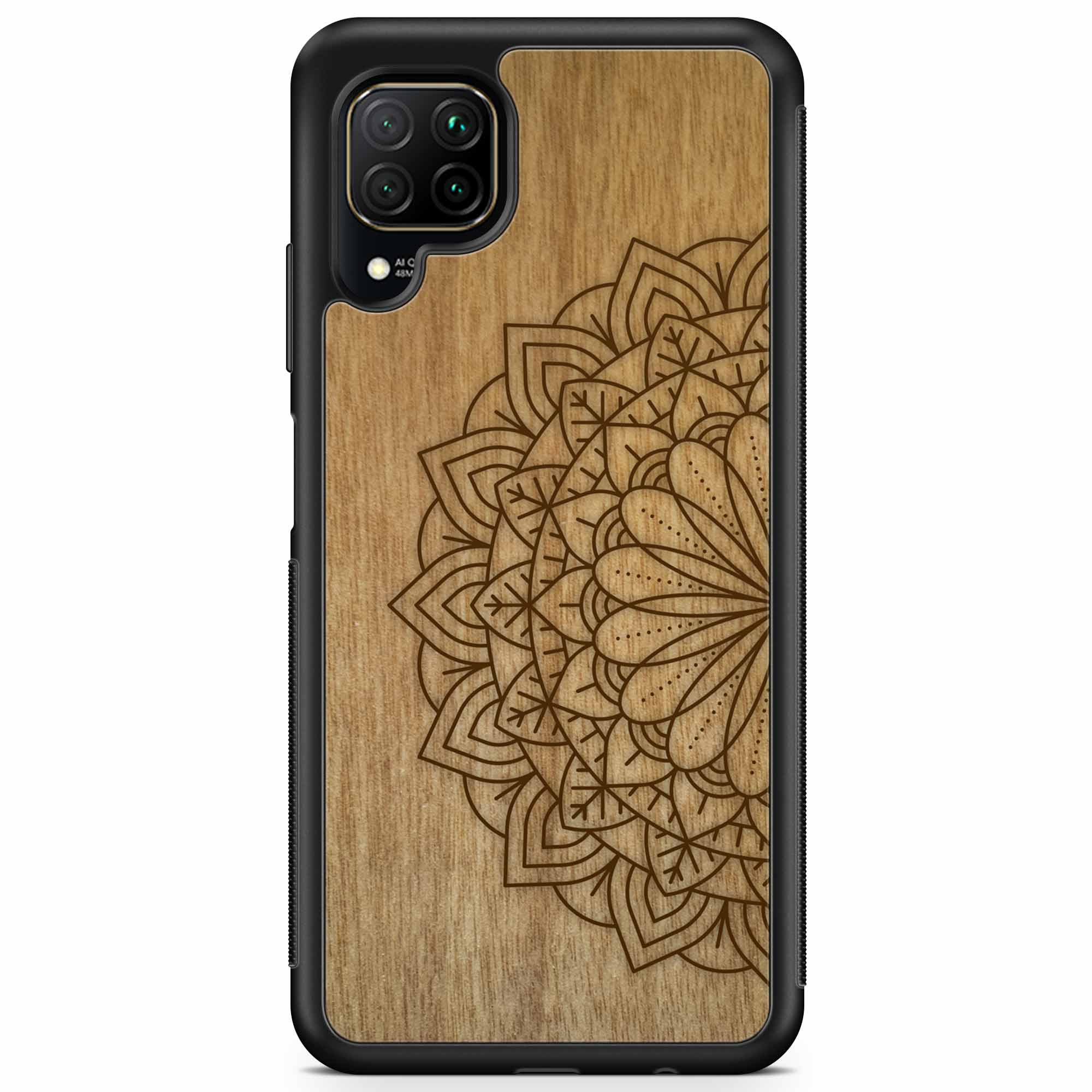 Engraved Mandala wooden phone case on Tanganika wood, showcasing intricate design and natural wood grain.