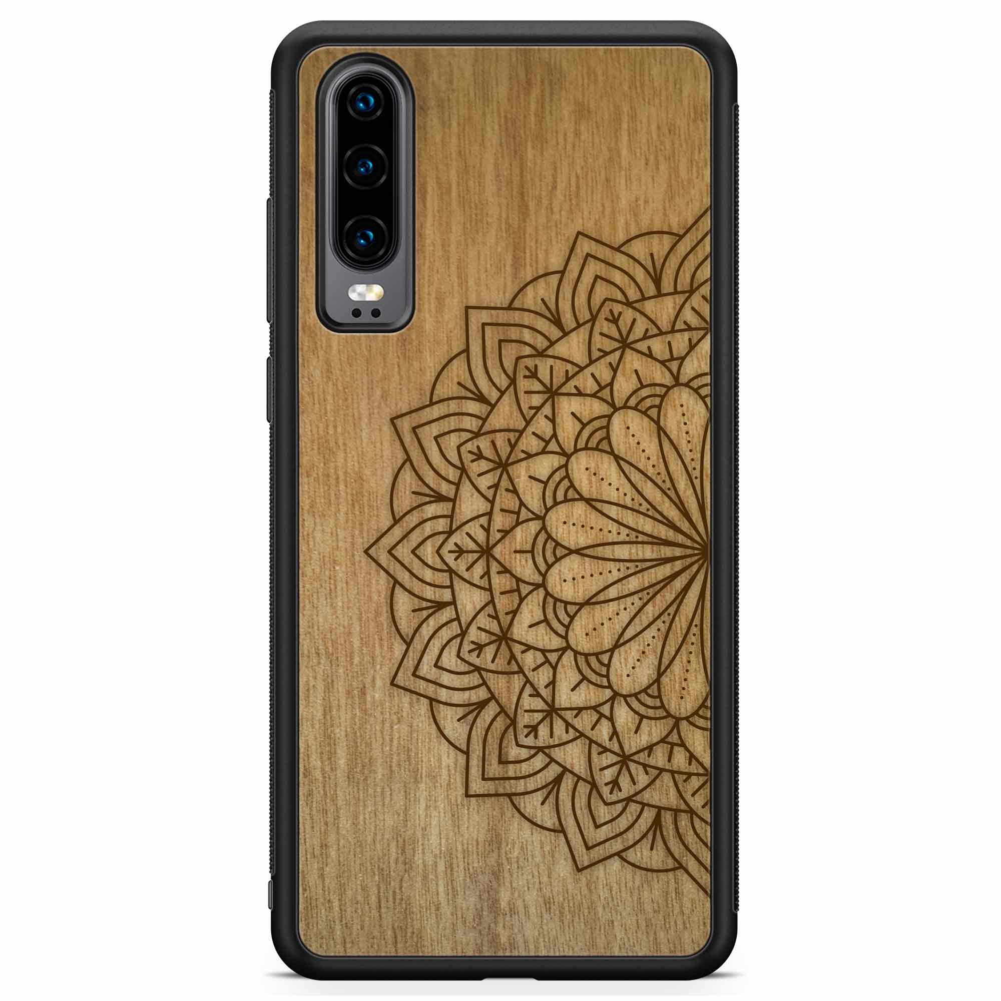 Engraved Mandala wooden phone case on Tanganika wood, showcasing intricate design and natural wood grain.