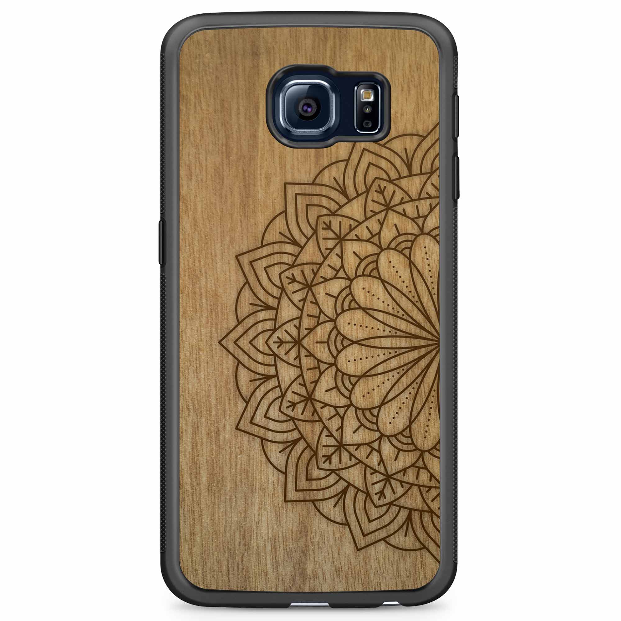 Engraved Mandala wooden phone case on Tanganika wood, showcasing intricate design and natural wood grain.