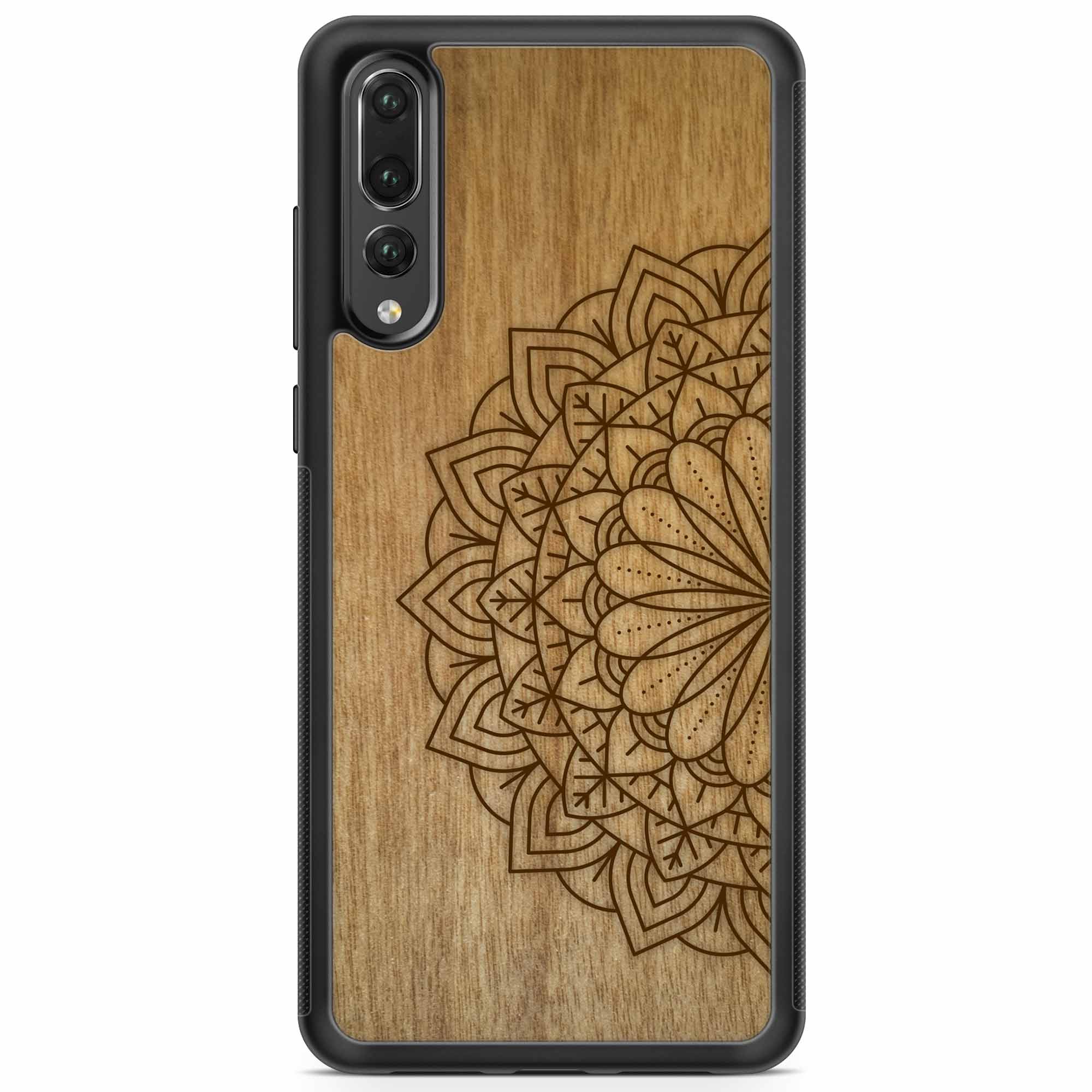 Engraved Mandala wooden phone case on Tanganika wood, showcasing intricate design and natural wood grain.