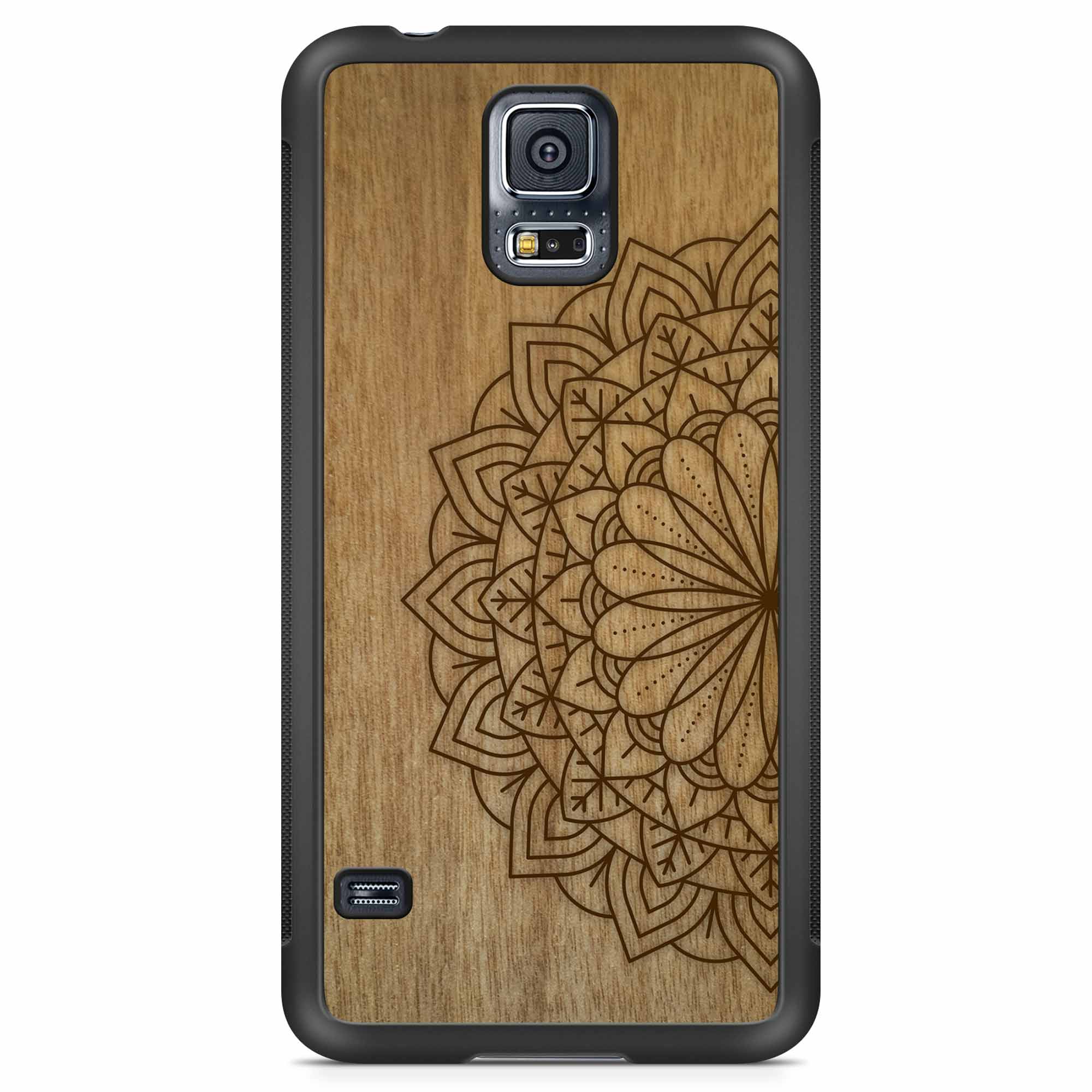 Engraved Mandala wooden phone case on Tanganika wood, showcasing intricate design and natural wood grain.