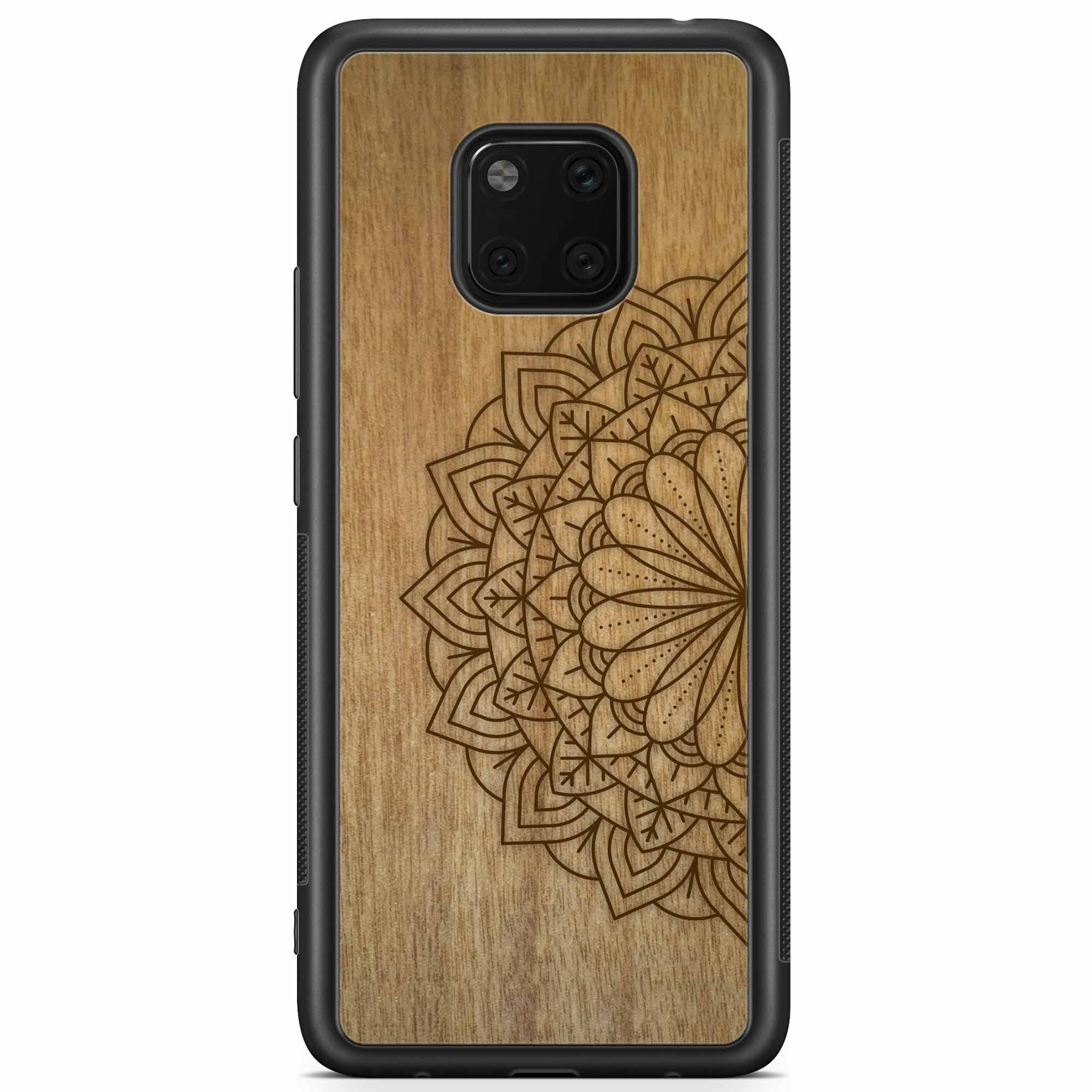 Engraved Mandala wooden phone case on Tanganika wood, showcasing intricate design and natural wood grain.