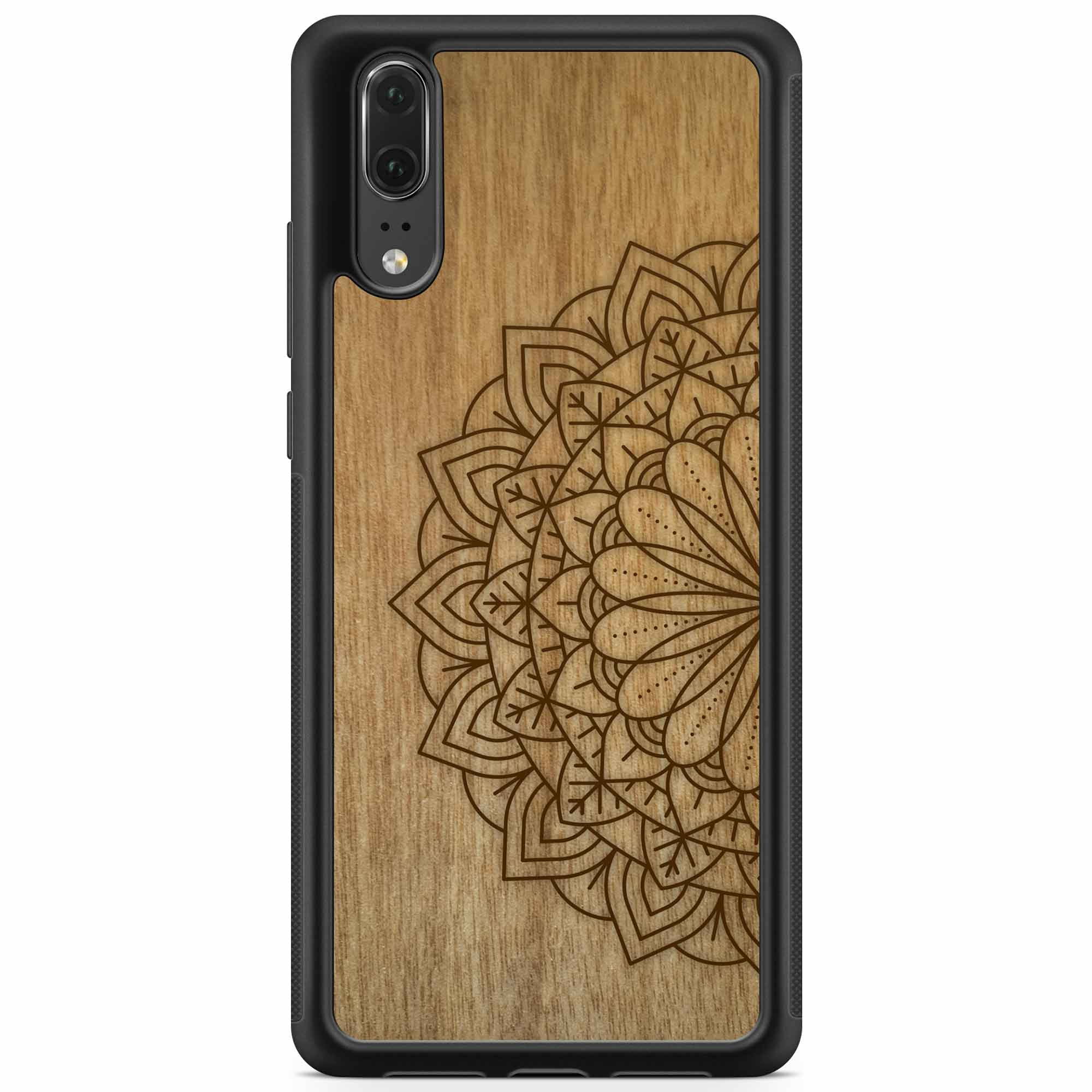 Engraved Mandala wooden phone case on Tanganika wood, showcasing intricate design and natural wood grain.