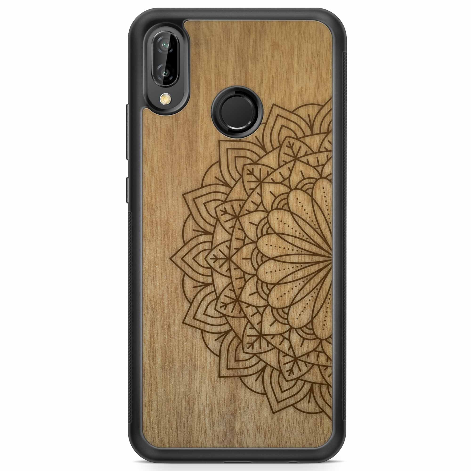 Engraved Mandala wooden phone case on Tanganika wood, showcasing intricate design and natural wood grain.