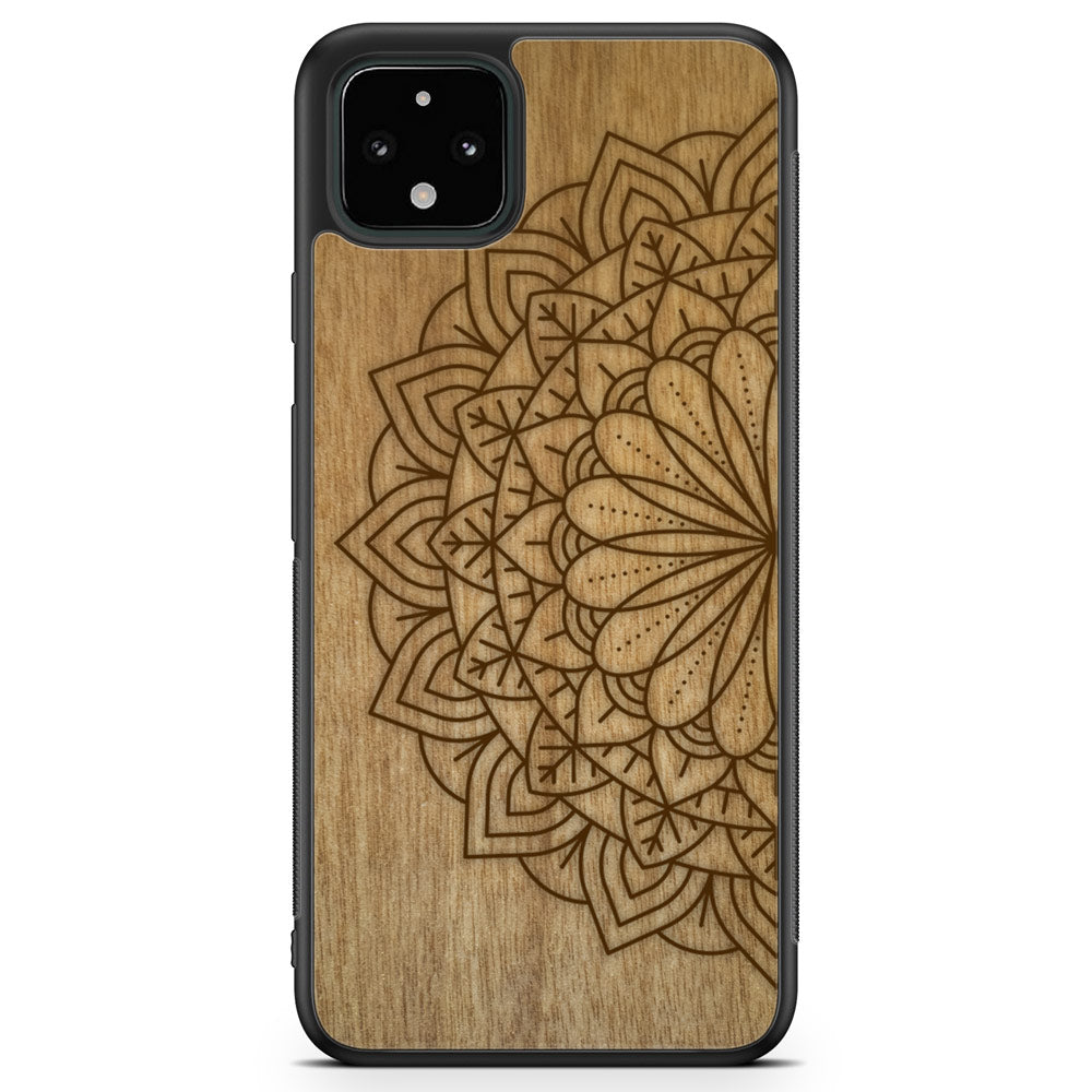 Engraved Mandala wooden phone case on Tanganika wood, showcasing intricate design and natural wood grain.