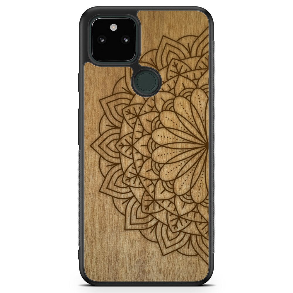 Engraved Mandala wooden phone case on Tanganika wood, showcasing intricate design and natural wood grain.