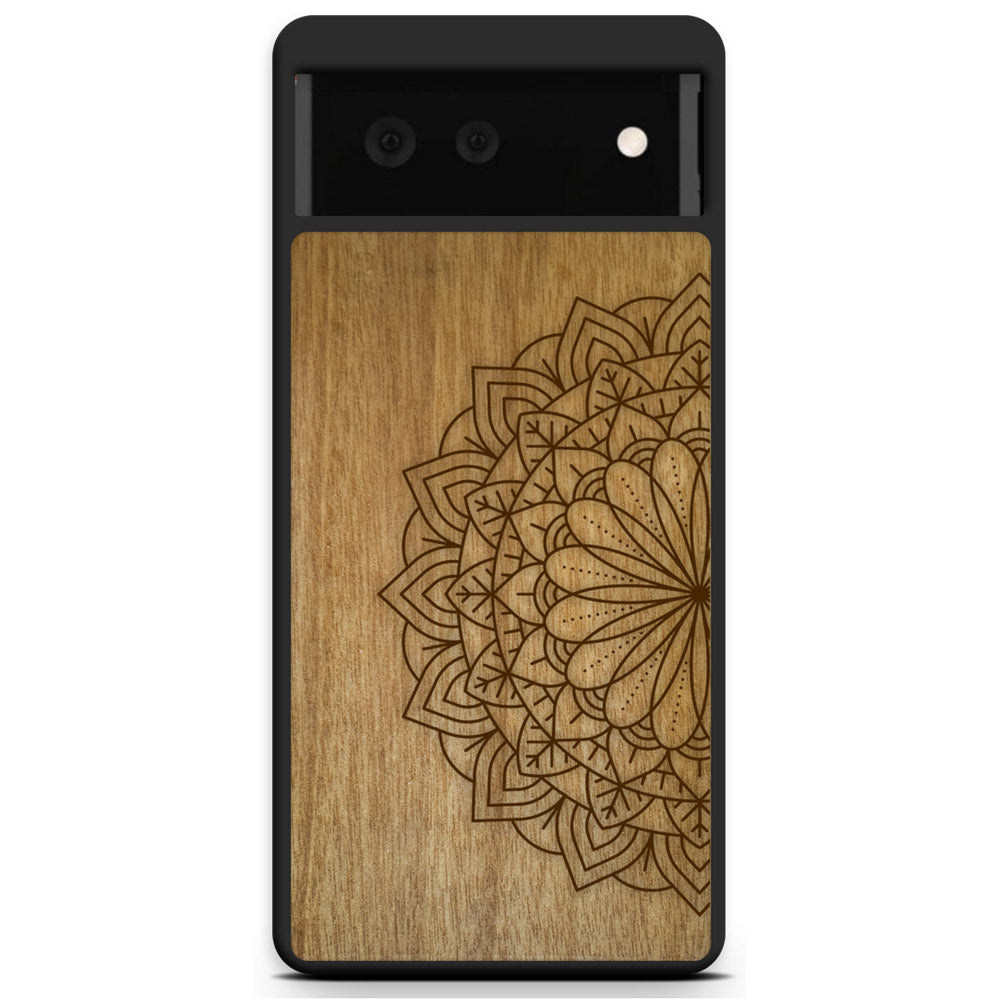 Engraved Mandala wooden phone case on Tanganika wood, showcasing intricate design and natural wood grain.