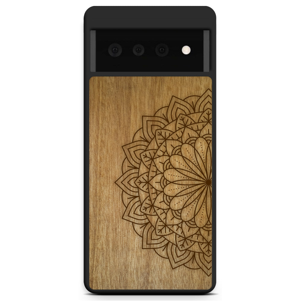 Engraved Mandala wooden phone case on Tanganika wood, showcasing intricate design and natural wood grain.