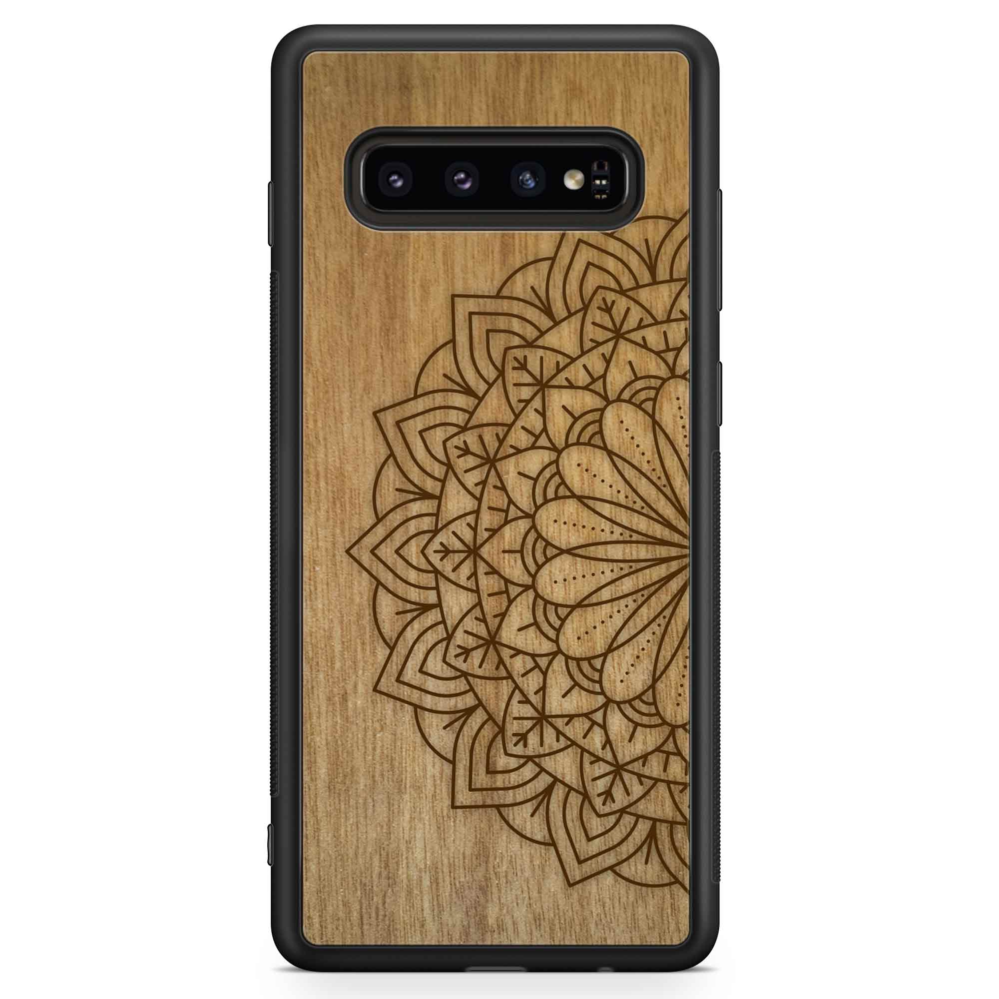 Engraved Mandala wooden phone case on Tanganika wood, showcasing intricate design and natural wood grain.