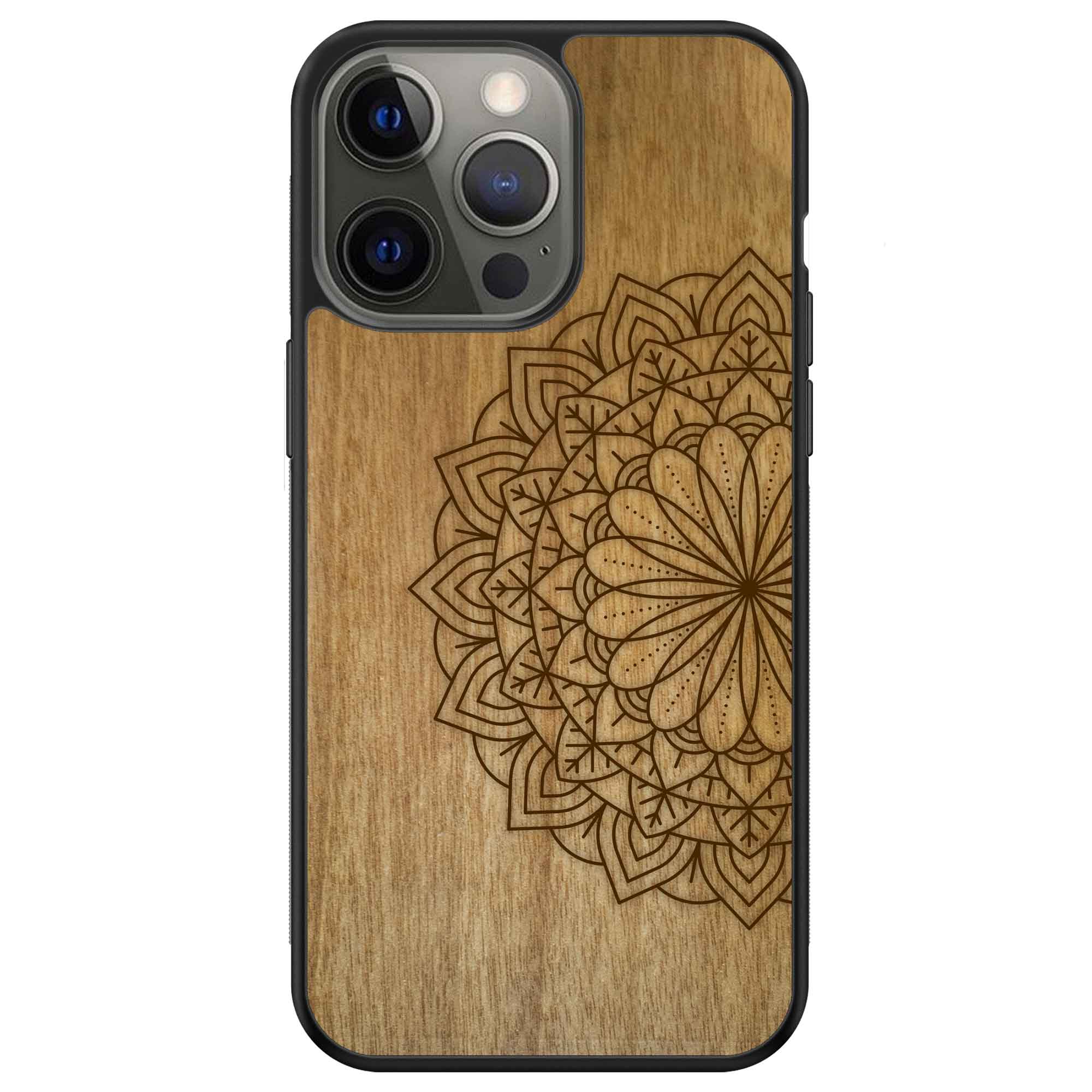 Engraved Mandala wooden phone case on Tanganika wood, showcasing intricate design and natural wood grain.