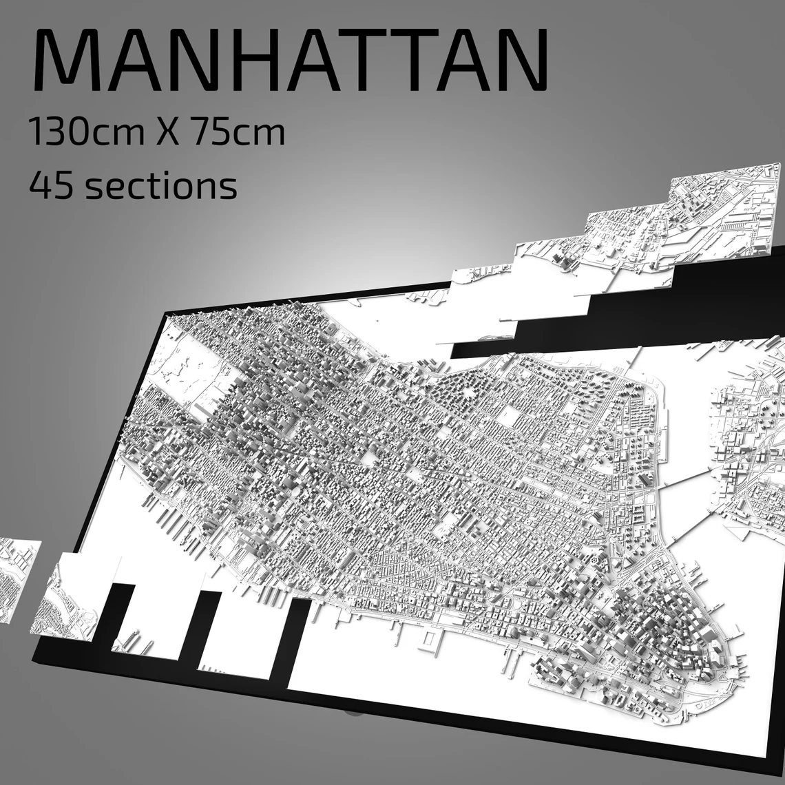 A detailed 3D city map of Manhattan, showcasing intricate tile design in grey color, perfect for home or office decor.