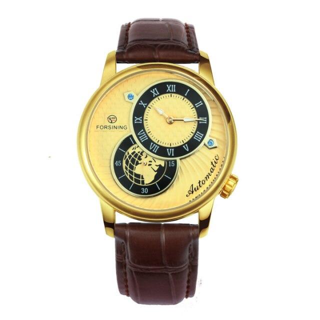 Marine Auto Mechanical Watch for men with 2 dials design, leather band, and stainless steel case.