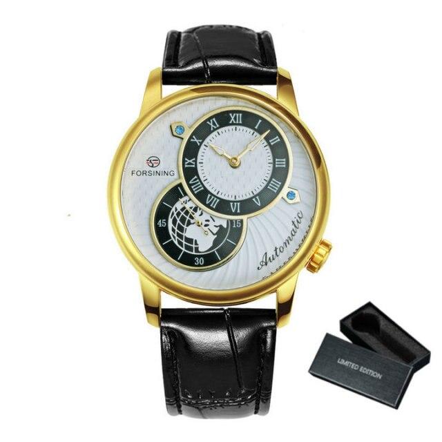 Marine Auto Mechanical Watch for men with 2 dials design, leather band, and stainless steel case.