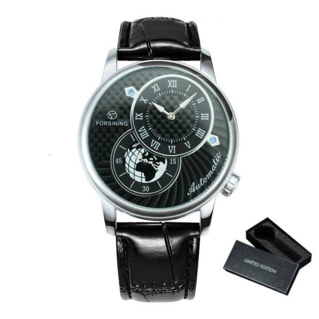 Marine Auto Mechanical Watch for men with 2 dials design, leather band, and stainless steel case.