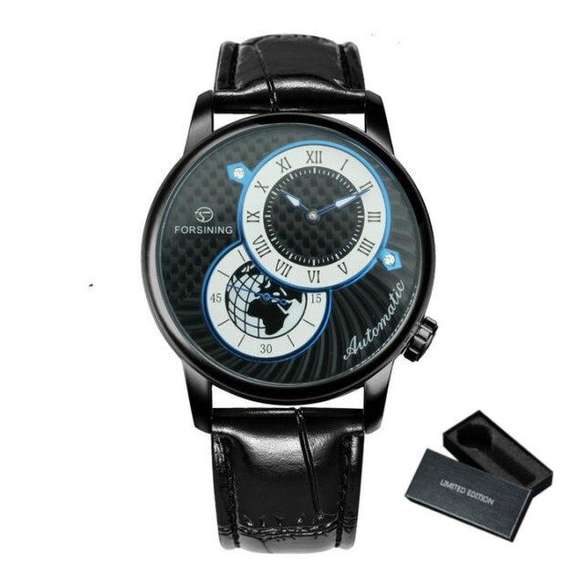 Marine Auto Mechanical Watch for men with 2 dials design, leather band, and stainless steel case.