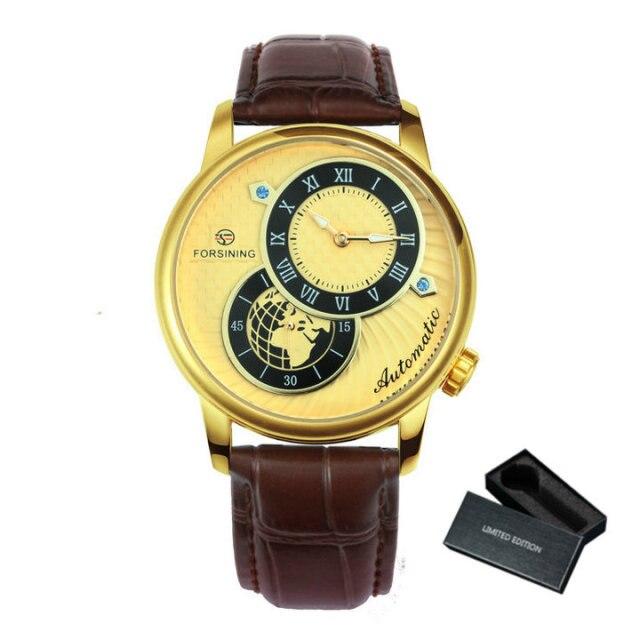 Marine Auto Mechanical Watch for men with 2 dials design, leather band, and stainless steel case.