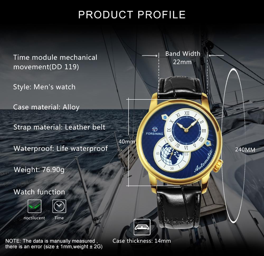 Marine Auto Mechanical Watch for men with 2 dials design, leather band, and stainless steel case.