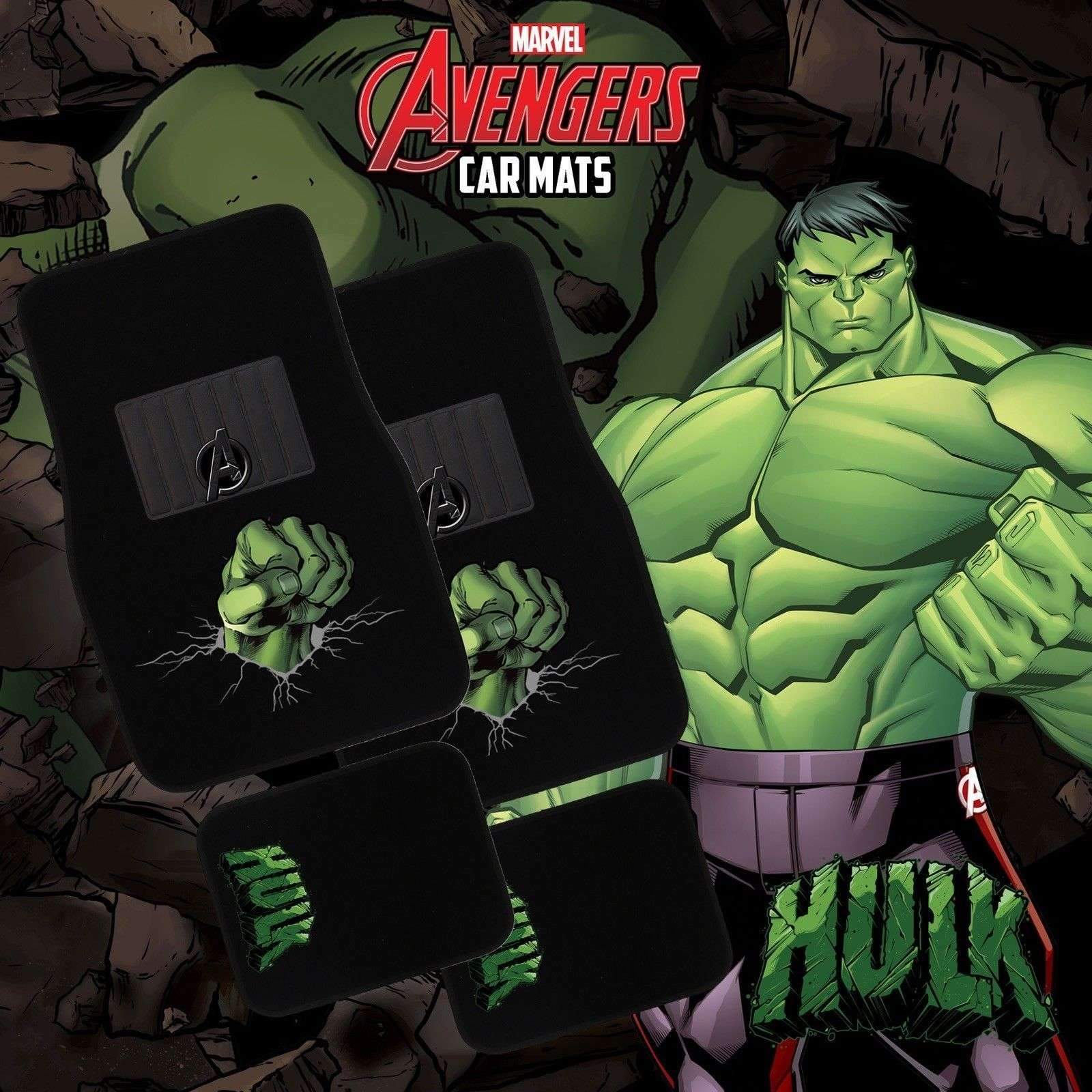 MARVEL AVENGERS 4-Piece Car Mat set featuring Hulk design, showcasing vibrant colors and durable material for car interior protection.