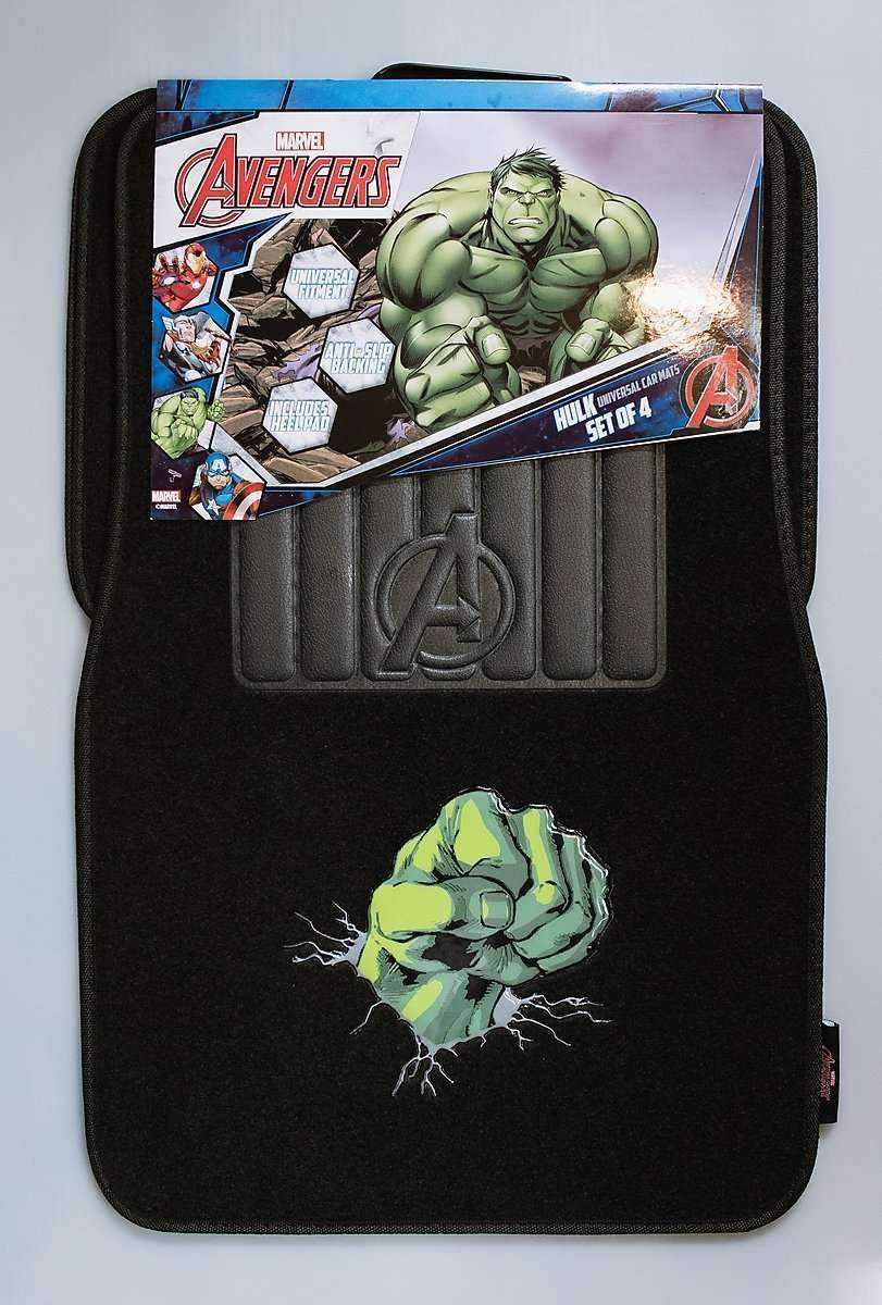 MARVEL AVENGERS 4-Piece Car Mat set featuring Hulk design, showcasing vibrant colors and durable material for car interior protection.