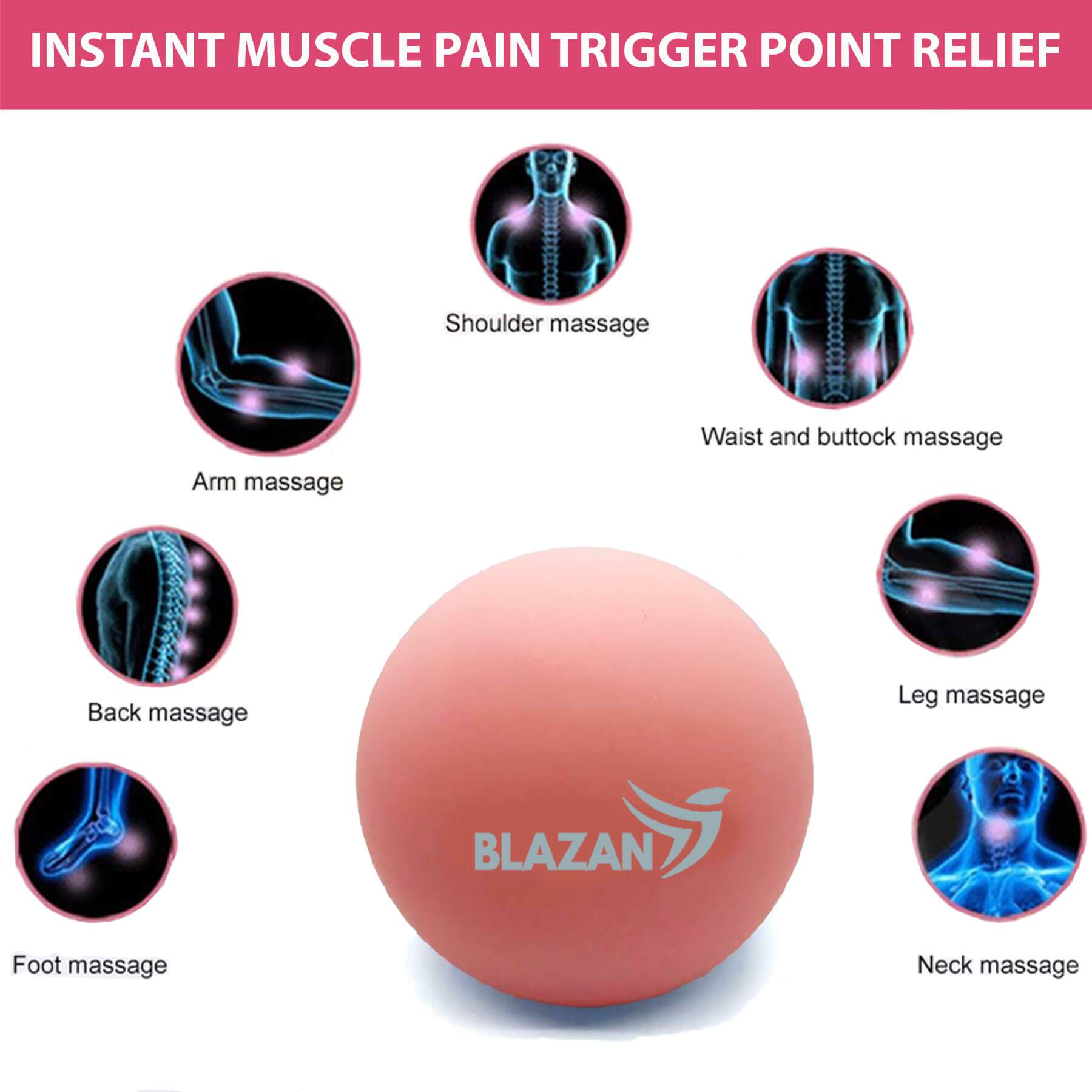 A set of two massage therapy balls made of solid non-toxic rubber, designed for effective muscle tension relief and portability.