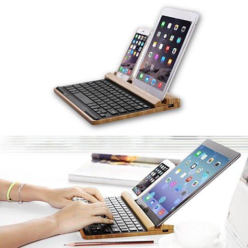 Master of All Bluetooth Keyboard with natural bamboo casing and built-in device stand.