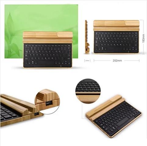 Master of All Bluetooth Keyboard with natural bamboo casing and built-in device stand.