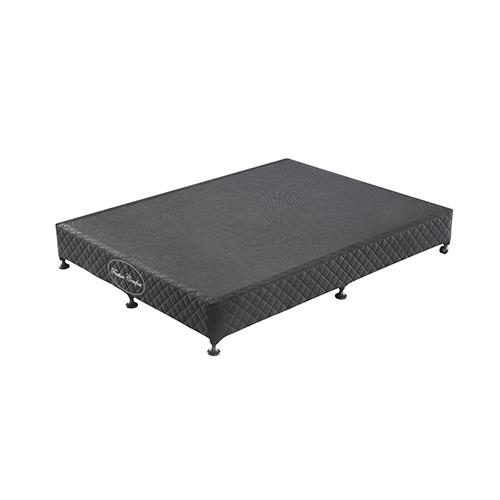 Double size mattress base in black with solid wooden slats and removable knitted fabric cover, featuring fixed legs and movable castors.