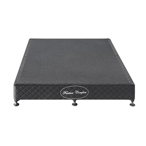 Double size mattress base in black with solid wooden slats and removable knitted fabric cover, featuring fixed legs and movable castors.