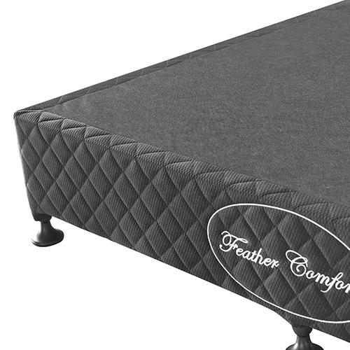 Double size mattress base in black with solid wooden slats and removable knitted fabric cover, featuring fixed legs and movable castors.