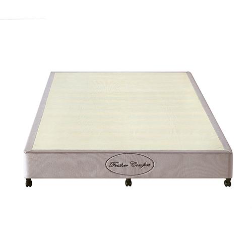 King Size Mattress Base Ensemble in Beige with solid wooden slats and soft knitted fabric cover, featuring fixed legs and movable castors.