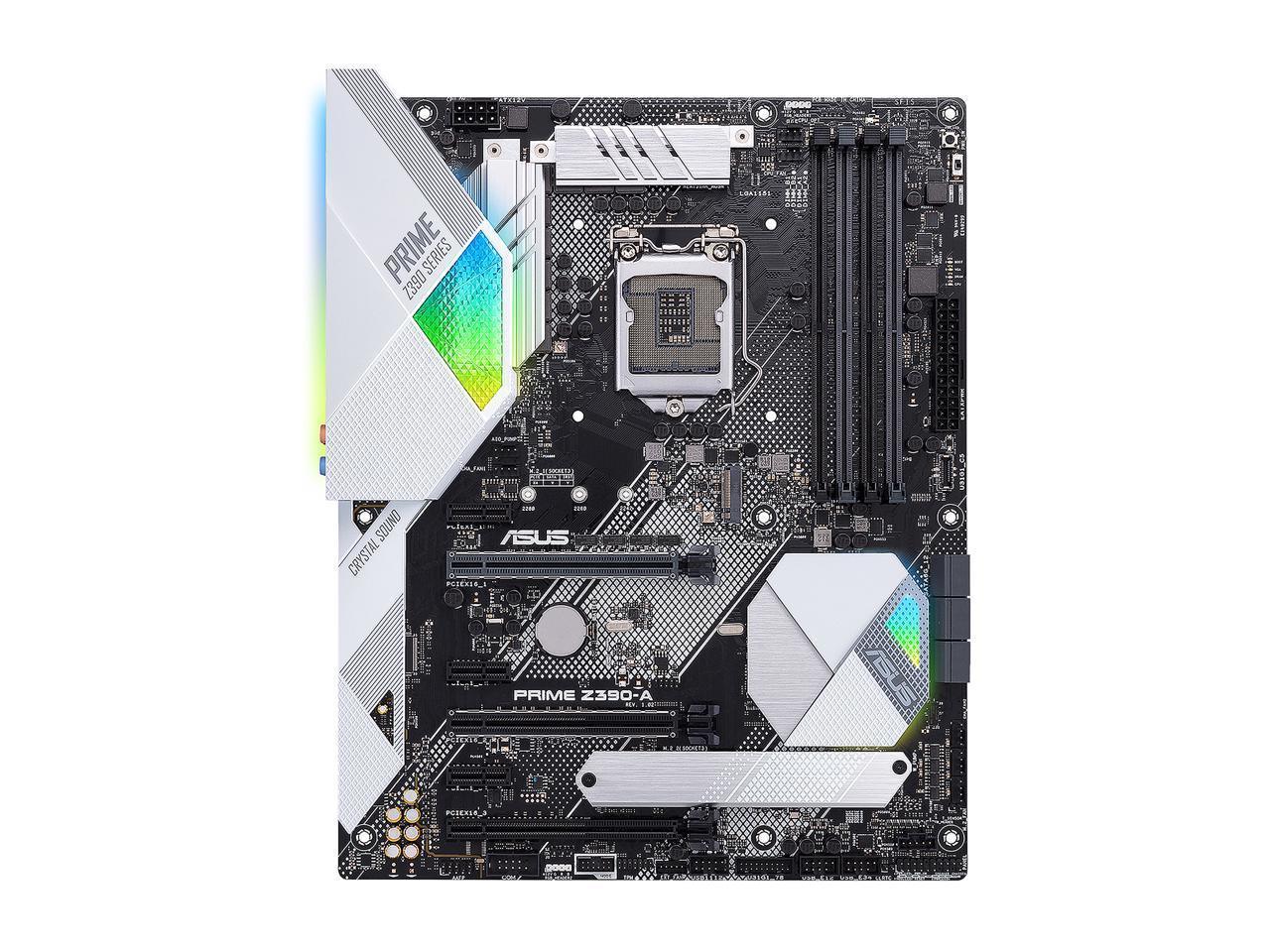 ASUS PRIME Z390-A R motherboard showcasing LGA 1151 socket, dual M.2 slots, and multiple connectivity options.