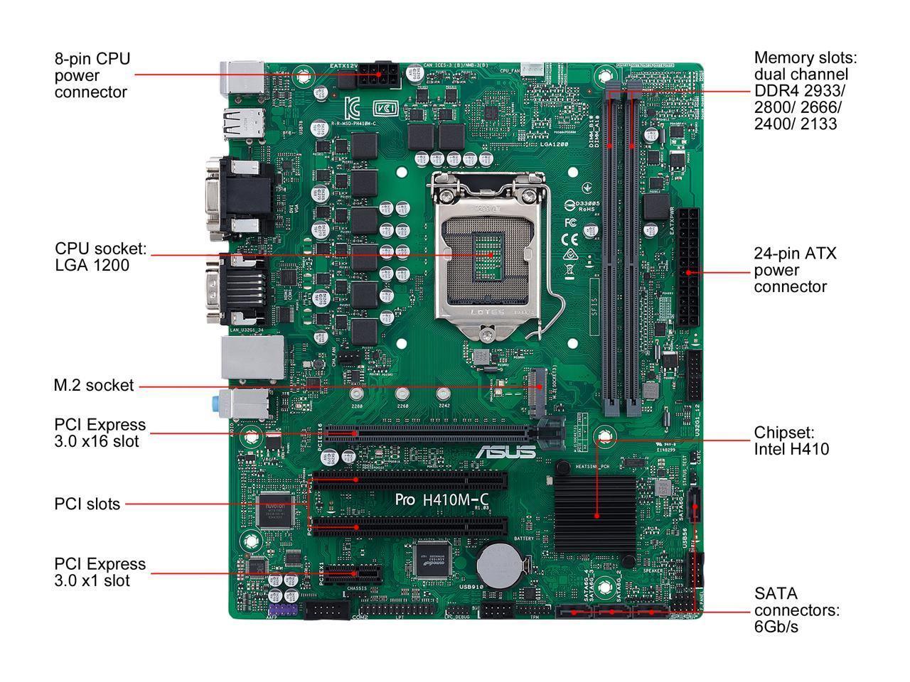 ASUS PRO H410M-C/CSM Micro ATX motherboard with LGA 1200 socket and SATA 6Gb/s support.