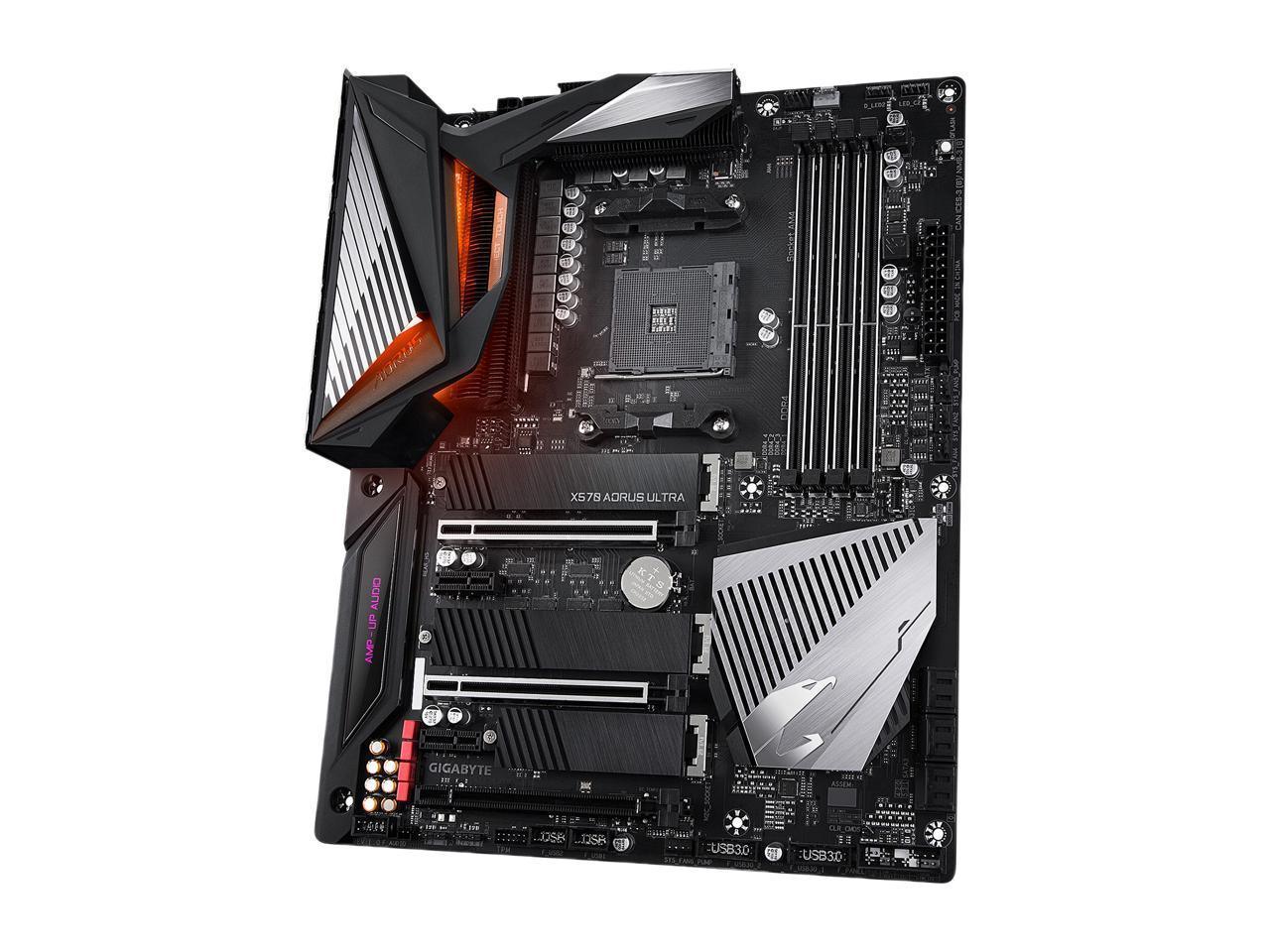 GIGABYTE X570 AORUS ULTRA motherboard showcasing PCIe 4.0 slots, SATA ports, and USB 3.2 connectivity.