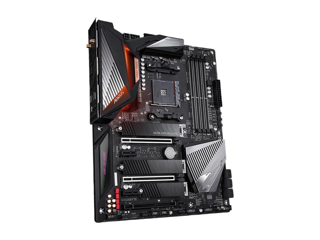 GIGABYTE X570 AORUS ULTRA motherboard showcasing PCIe 4.0 slots, SATA ports, and USB 3.2 connectivity.