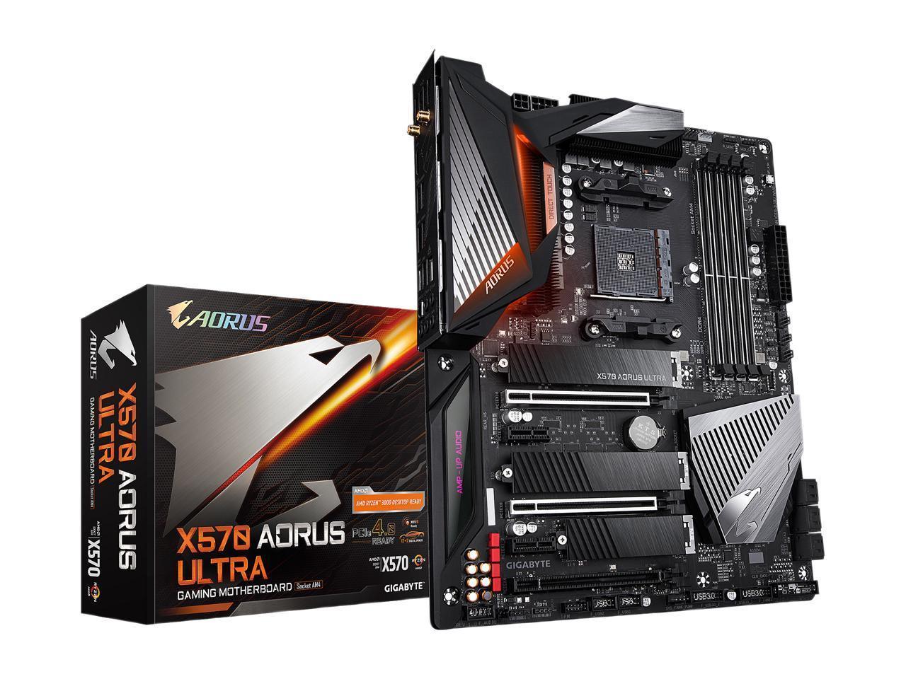 GIGABYTE X570 AORUS ULTRA motherboard showcasing PCIe 4.0 slots, SATA ports, and USB 3.2 connectivity.