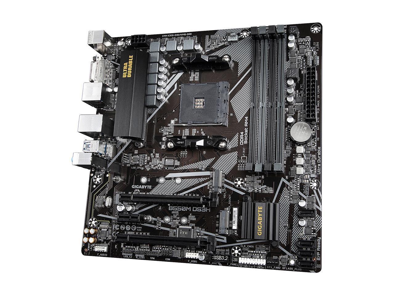 GIGABYTE B550M DS3H AM4 Micro-ATX motherboard showcasing dual M.2 slots and various connectivity options.