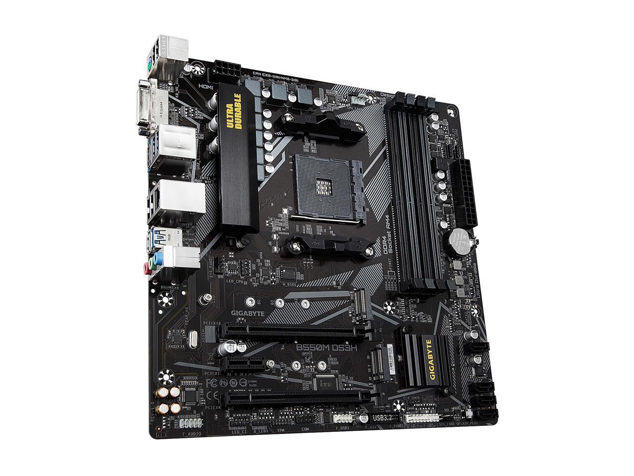 GIGABYTE B550M DS3H AM4 Micro-ATX motherboard showcasing dual M.2 slots and various connectivity options.