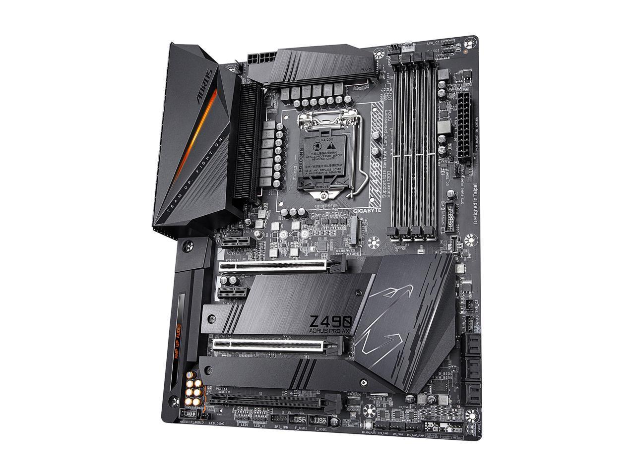 GIGABYTE Z490 AORUS PRO AX motherboard showcasing LGA 1200 socket, dual M.2 slots, and advanced connectivity features.