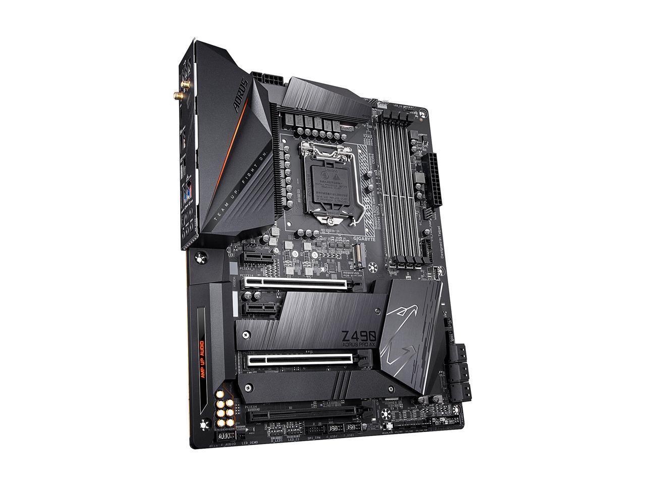 GIGABYTE Z490 AORUS PRO AX motherboard showcasing LGA 1200 socket, dual M.2 slots, and advanced connectivity features.