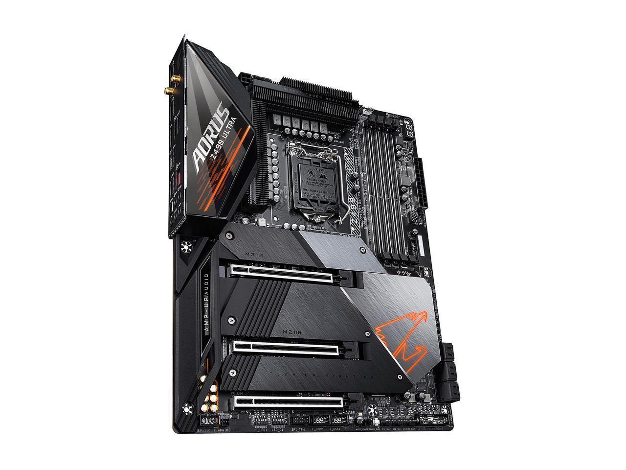 GIGABYTE Z490 AORUS ULTRA motherboard showcasing LGA 1200 socket, triple M.2 slots, and advanced connectivity options.