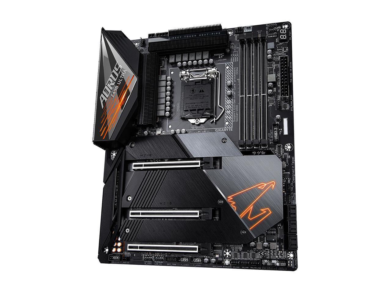 GIGABYTE Z490 AORUS ULTRA motherboard showcasing LGA 1200 socket, triple M.2 slots, and advanced connectivity options.