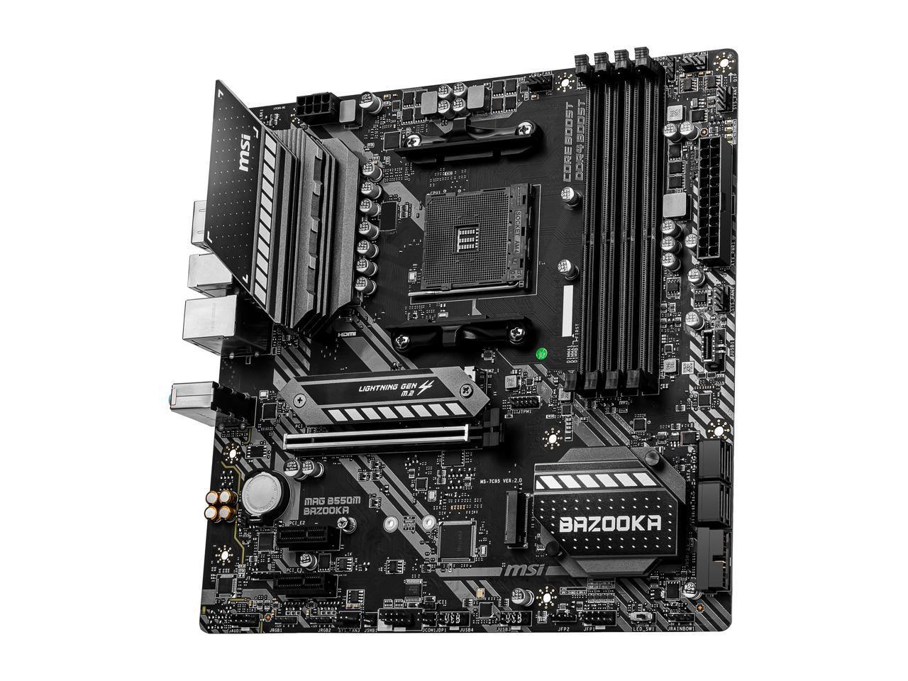 MSI MAG B550M Bazooka R Micro ATX motherboard with AM4 socket and multiple connectivity options.