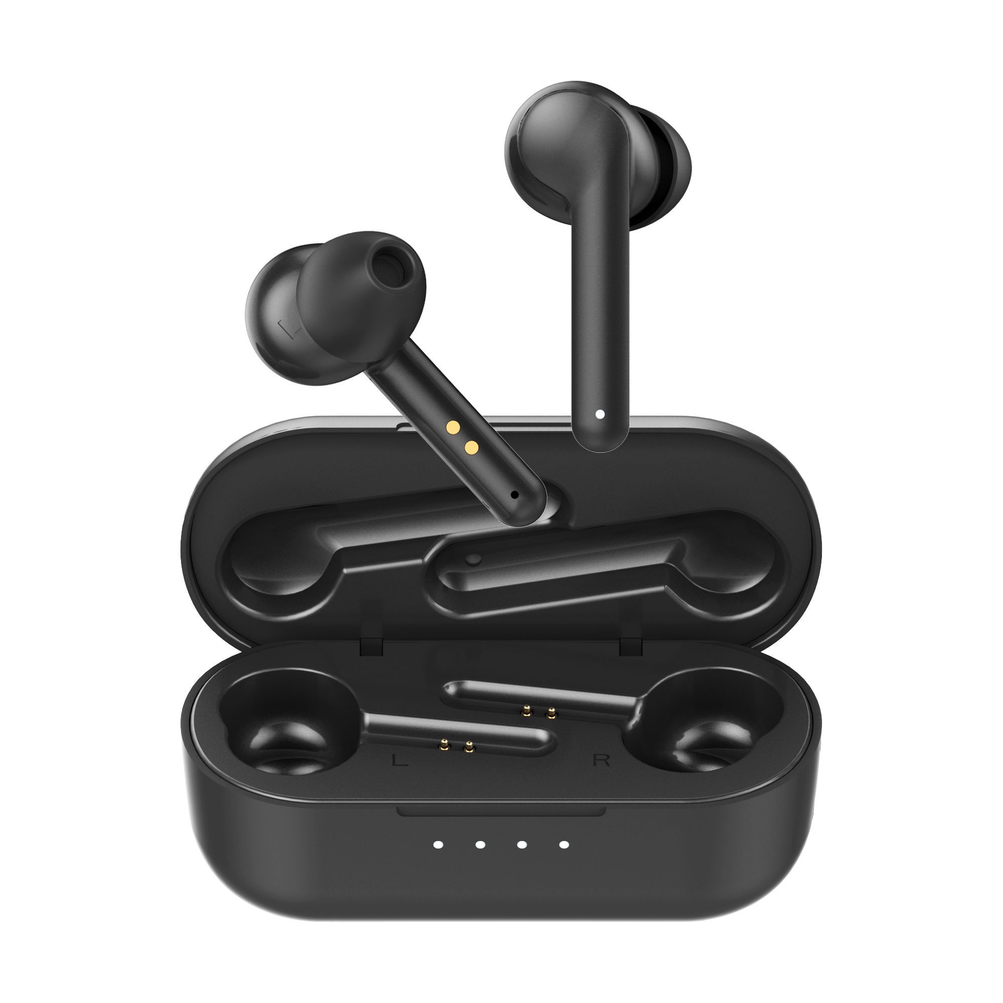 MBEAT E2 True Wireless Earphones in charging case, showcasing sleek design and compact size.