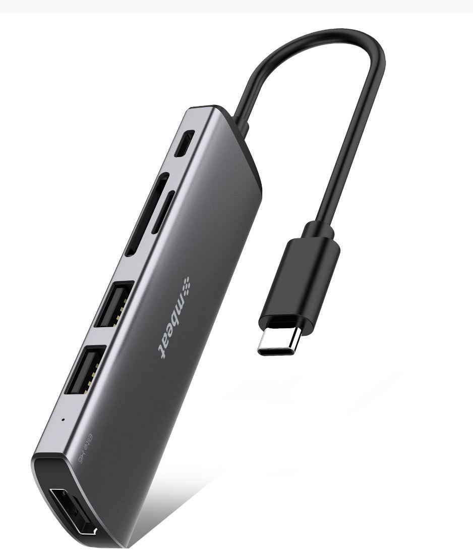 MBEAT Elite X6 6-in-1 Multifunction USB-C Hub with aluminum finish, featuring multiple ports for USB-C PD, HDMI, USB 3.0, SD, and MicroSD.