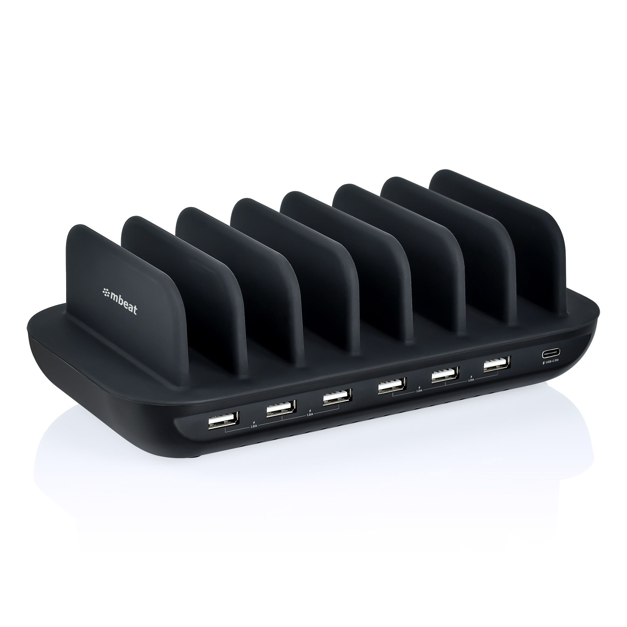 MBEAT Gorilla Power 60W 7 Port USB-C & USB Charging Station with multiple ports and silicone dividers for organization.