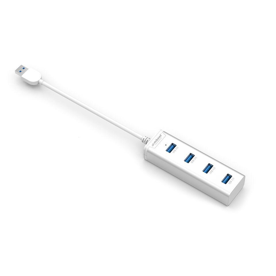 MBEAT 'STICK' 4-Port USB 3.0 Hub in sleek aluminium design, showcasing four USB ports for connectivity.