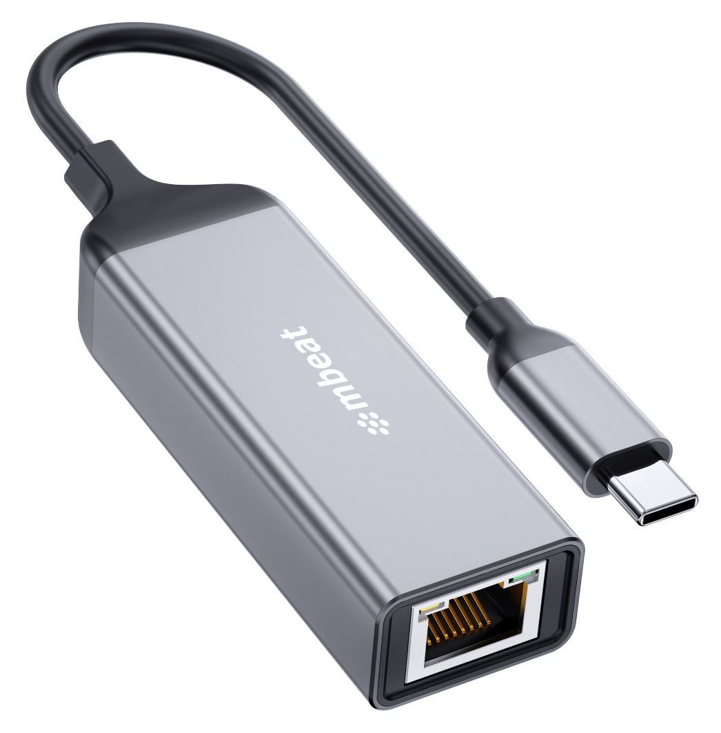 MBEAT USB-C Gigabit Ethernet LAN adapter with aluminium alloy design, featuring USB Type-C input and RJ45 output.