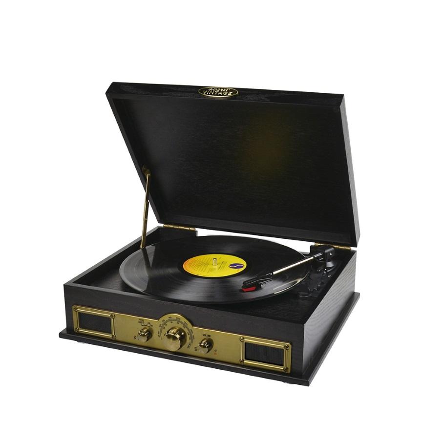 MBEAT Vintage USB Turntable with Bluetooth Speaker and AM/FM Radio in a classic wooden design, showcasing its elegant finish and modern features.